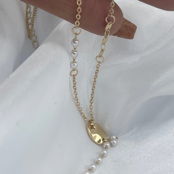 Elegant Layered White Agate Gold Wrapped Pendant With Accent Dainty Pearls - Picture 6 of 8